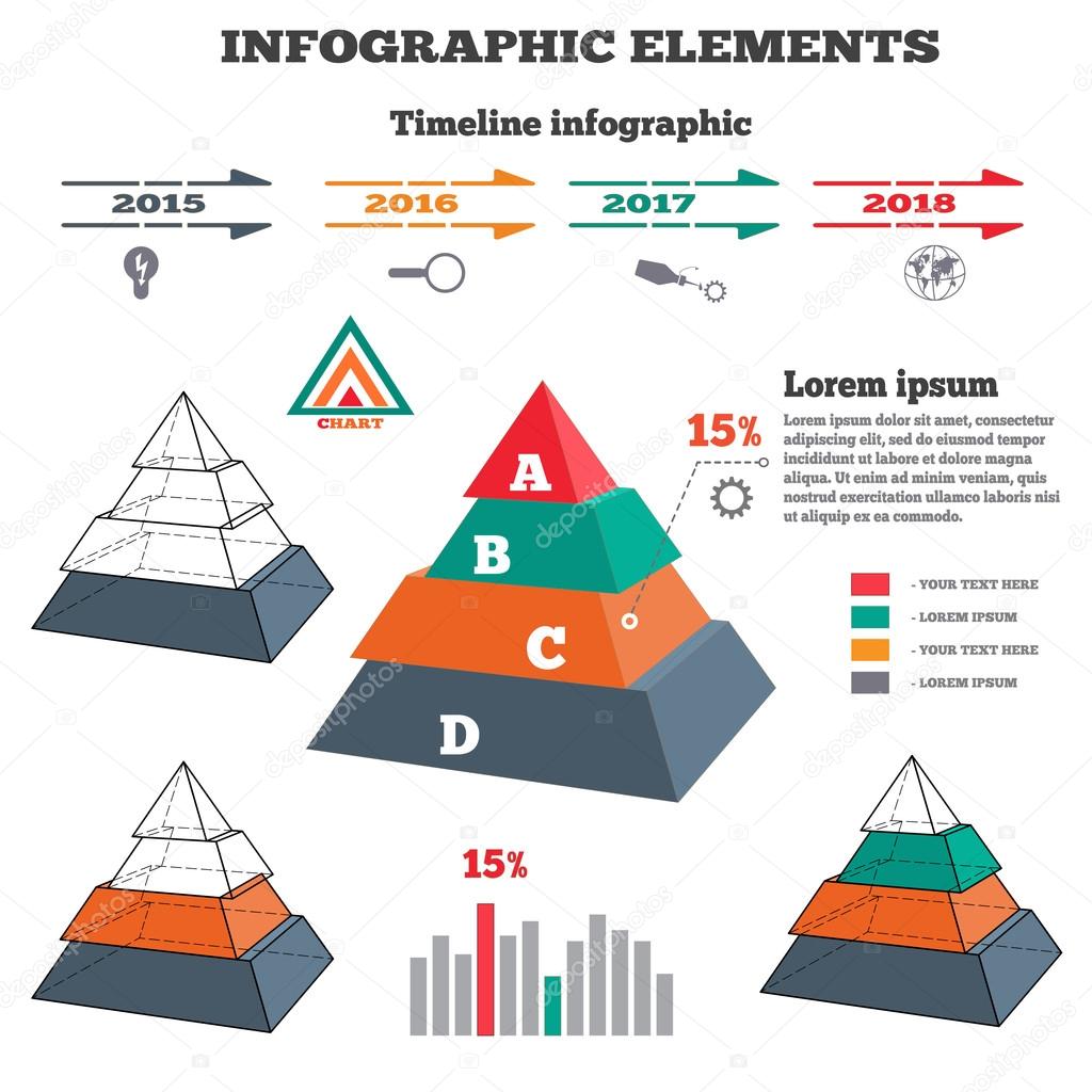 Infographics elements. Pyramid solid chart. 3D perspective pyramid views, timeline with icons. Four options. Vector illustration.