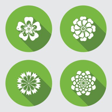 Flower icons set. Chamomile, geranium, daisy, chrysanthemum, cornflower. Floral symbol. Round green flat icon with long shadow. Vector