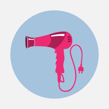Professional blow hairdryer and two-pin plug icon. Magenta colored sign on gray-blue button background. Round circle symbol. Vector