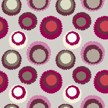 Abstract seamless spotty pattern. Polka dot, motley texture. Circles with torn paper effect. Cold red  colored. Vector