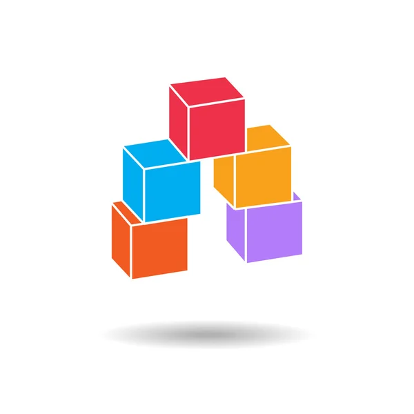 Cube composition icon. Perspective view. Pyramid of five blocks. Association, union, join, building, logo, project, game symbol. Infographic elements. Vector