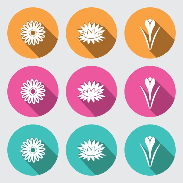 Flower icon set. Camomile, daisy, lily, water-lily, crocus, saffron. Floral symbol. White sign on round turquoise, orange, rose buttons with long shadow. Vector — Stockvector