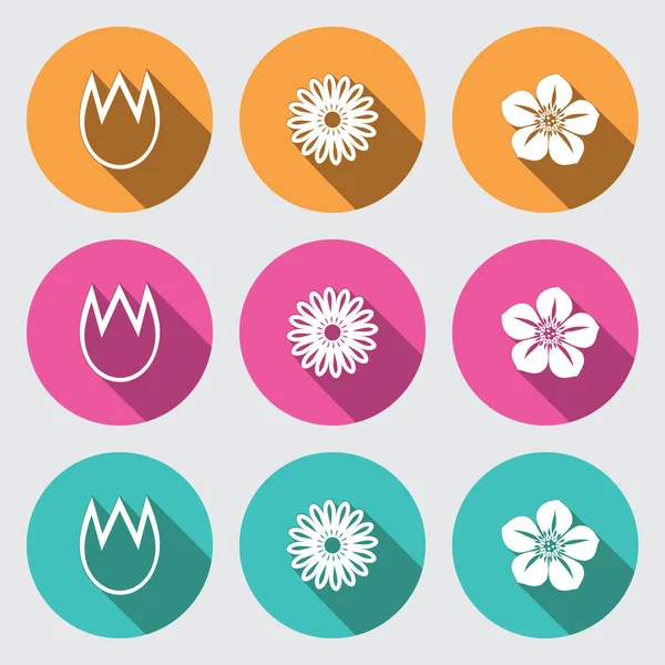 Flower icon set. Tulip, camomile, daisy, petunia, orchid. Floral symbol. White sign on round rose, orange, turquoise buttons with long shadow. Vector — Stock Vector