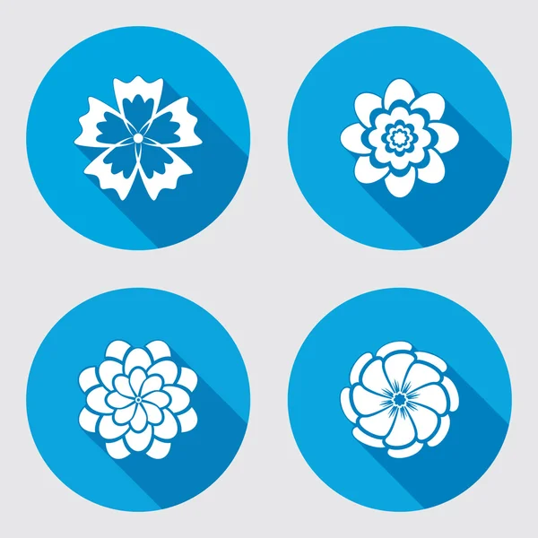 Conjunto de iconos de flores. Manzanilla, margarita, crisantemo, aciano. Símbolo floral. Icono plano redondo azul con sombra larga. Vector — Archivo Imágenes Vectoriales