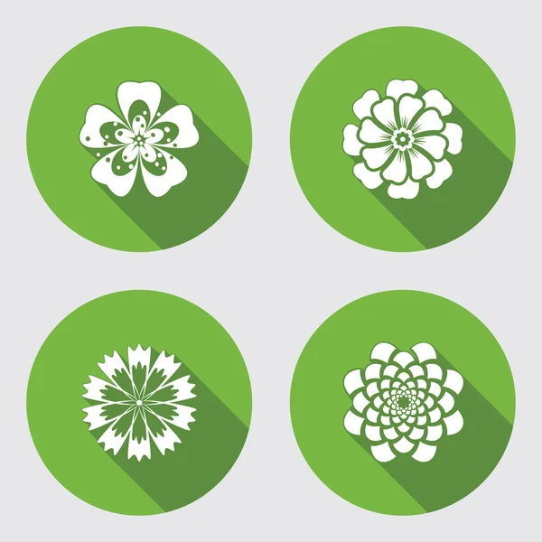 Flower icons set. Chamomile, geranium, daisy, chrysanthemum, cornflower. Floral symbol. Round green flat icon with long shadow. Vector — Διανυσματικό Αρχείο