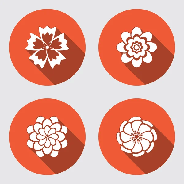 Conjunto de iconos de flores. Manzanilla, margarita, crisantemo, aciano. Símbolo floral. Icono plano redondo naranja con sombra larga. Vector — Archivo Imágenes Vectoriales