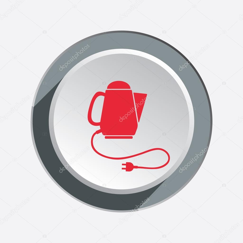 Home electric kettle. Sale icon. Kitchen equipment with two-pin plug. Red sign on round three-dimensional white-gray button. Vector