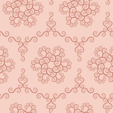 Seamless lace pattern. Vintage swirl texture. Spiral floral snowflakes. Twist ornament of laurel leaves. Dark figures on light orange, terracotta background. Winter, coffee, chocolate, nostalgia theme