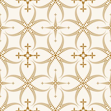 Seamless laurel wreath pattern. Curled, swirl stylized ornament with cross. Lace view texture. Ceremonial, remembrance, winter theme. Gold figure on light yellow background. Vector