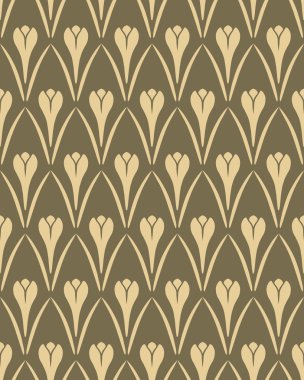Seamless floral pattern. Crocus flower vintage texture. Yellow-green, gold soft colored. Light signs on dark background. Vector