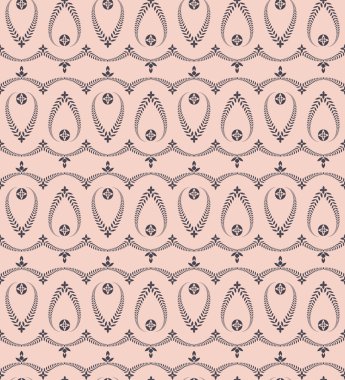 Seamless laurel wreath pattern. Swirl ornament with cross on light background. Vintage lace texture. Ceremonial, solemn, mourning, religion theme. Purple, rose colored. Vector