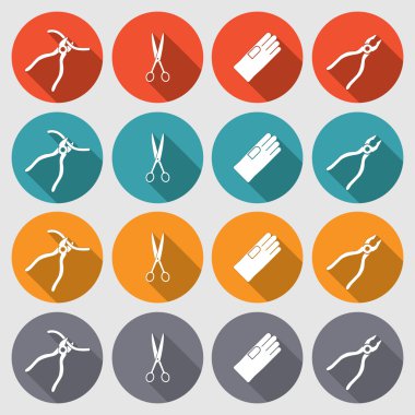 Tool icons set. Pliers, gloves, tongs, scissors. Repair fix symbols. Round red, orange, turquoise, gray colored circle flat signs with long shadow. Vector