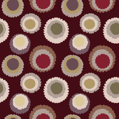Seamless polka dot, motley texture. Abstract spotty pattern. Circles with torn paper effect. Brown, vinous, yellow colored. Chocolate cornflakes theme. Vector