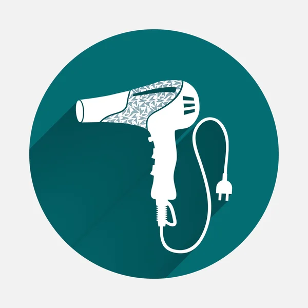 Professional blow hairdryer and two-pin plug icon. Turquoise, white colored sign on gray-blue button background. Round circle symbol. Vector — Wektor stockowy