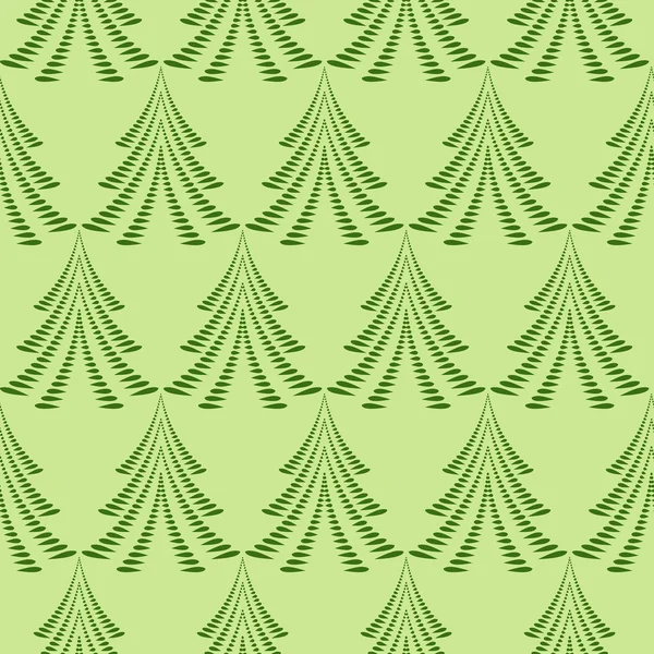 Seamless Christmas pattern. Stylized ornament of trees, firs on green background. Twist silhouettes with laurel leaves. Winter, New Year, nature theme texture. Green colors. Vector — Stock vektor