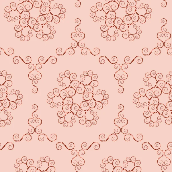 Seamless lace pattern. Vintage swirl texture. Spiral floral snowflakes. Twist ornament of laurel leaves. Dark figures on light orange, terracotta background. Winter, coffee, chocolate, nostalgia theme — Stockový vektor
