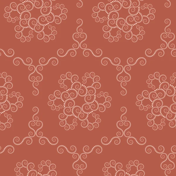 Nahtloses Spitzenmuster. Vintage Swirl Textur. spiralförmige florale Schneeflocken. Ornament aus Lorbeerblättern verdrehen. Licht auf dunkelorangefarbenem Terrakottahintergrund. Winter, Kaffee, Schokolade, Nostalgie. Vektor — Stockvektor