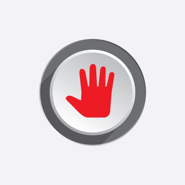 Hand, open palm tool icon. Cursor, direction, move symbol. Red sign on round three-dimensional white-gray button. Vector