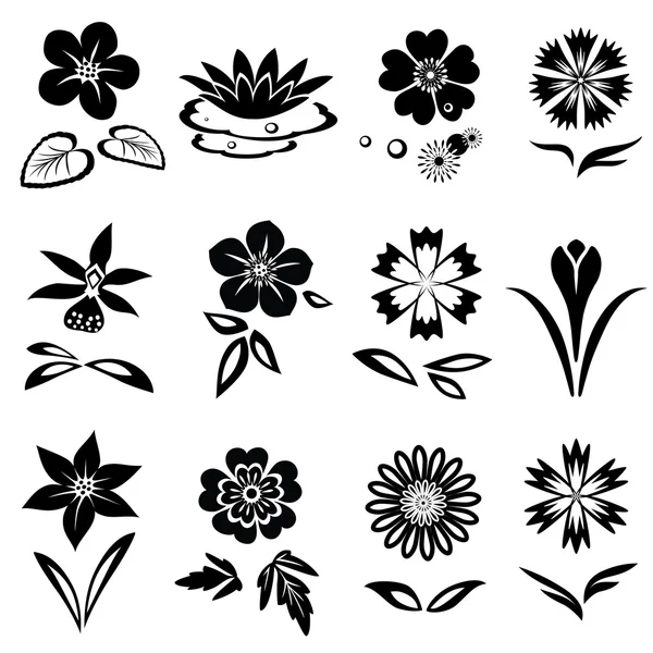 Nasturtium, primula, lily, viola, anemone, crocus, cornflower, blue poppy, orchid, flower set. Spring and summer flowers. Floral black symbols with leaves. May be used in cuisine. Vector isolated. — Stok Vektör