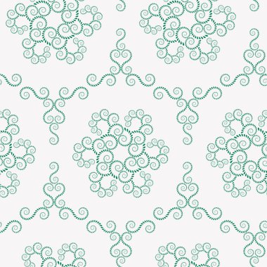 Spiral seamless lace pattern. Vintage texture. Abstract twirl figures of laurel leaves. Green, gray, contrast colored background. Vector
