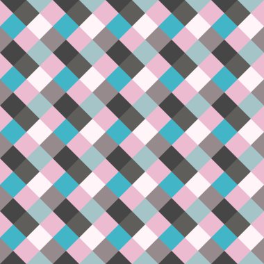 Seamless geometric checked pattern. Diagonal square, woven line background. Rhombus texture. Gray, blue, rose colors. Vector