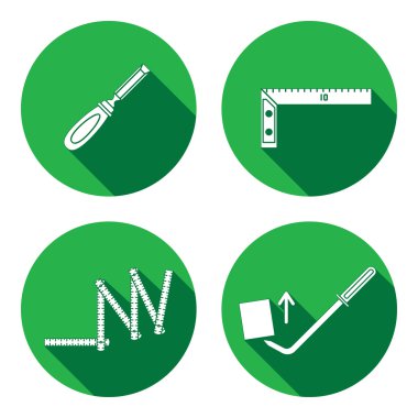 Measuring instrument, folding rule, chisel, angle, scrap, pinchbar icon. Repair, fix, elevate, measure, building tool symbol. Round circle flat icon with long shadow. Flat design. Vector