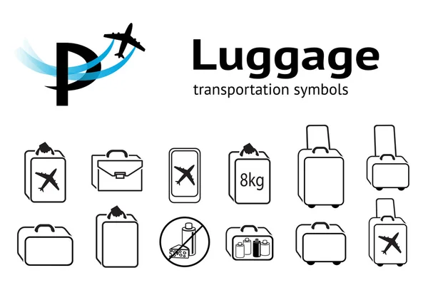 Transportation icons set. Luggage, baggage, liquid and food transportation symbol. Hand luggage for traveling by aircraf. Black linear signs on white. Vector — Stok Vektör
