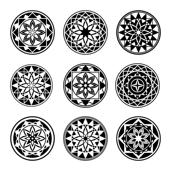 Mandala elements, tattoo icon set. Star, floral stylized ornament. Black round signs. Harmony, luck, infinity symbol. Vector — Wektor stockowy