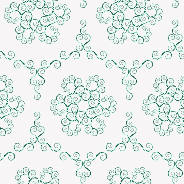 Spiral seamless lace pattern. Vintage texture. Abstract twirl figures of laurel leaves. Green, gray, contrast colored background. Vector — Διανυσματικό Αρχείο