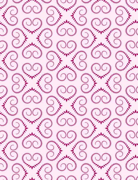 Nahtloses Spitzenmuster. Vintage gewellte Textur. wirbelnde Silhouetten florale Herzzeichen. Ornament aus Lorbeerblättern verdrehen. Magenta Figur auf weißem Hintergrund. Liebe, Geburtstag, Valentinstag, Verkauf. Vektor — Stockvektor