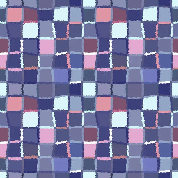 Seamless geometric mosaic checked pattern. Background of woven rectangles and squares. Patchwork, ceramic, tile texture. Blue, lilac, rose colors. Vector — 스톡 벡터