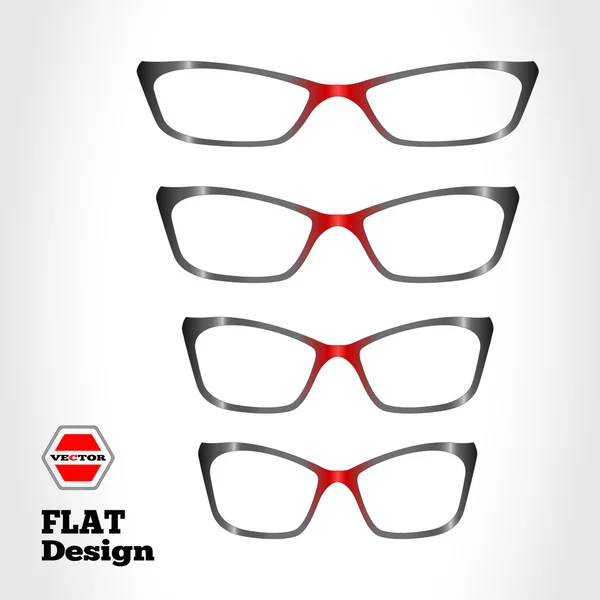 Conjunto de anteojos. Aparato de vidrio óptico para visión. Signos negro-rojos sobre fondo blanco-gris con logo, etiqueta. Vector aislado — Vector de stock