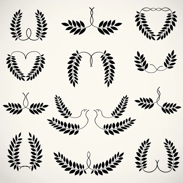 Laurel wreath tattoo set. Heart, wings, erotic view black signs. Valentine day, birthday greeting ornament. Victory, esteem, glory symbol. Vector