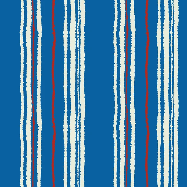 Nahtloses Streifenmuster. vertikale Linien mit zerrissenem Papiereffekt. Schredder-Hintergrund. kalter Kontrast blau, rot, weiße Farben. Winterthema. Vektor — Stockvektor