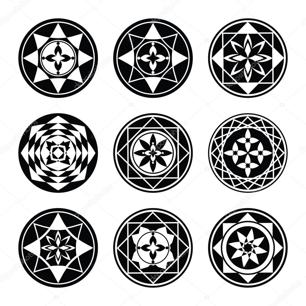 Floral ornament tattoo set. Flowers in star, aster sign of 4 and 8 rays. Black stylized ornaments, signs on white background.  Harmony, defense, luck, infinity symbol. Vector