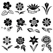 Flower set. Nasturtium, primula, lily, viola, anemone, crocus, cornflower, poppy, orchid. Floral black symbols with leaves. May be used in cuisine. Vector isolated