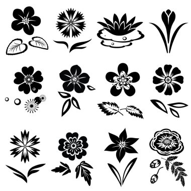 Flower set. Nasturtium, primula, lily, viola, anemone, crocus, cornflower, poppy, orchid. Floral black symbols with leaves. May be used in cuisine. Vector isolated
