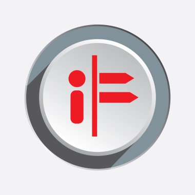 Info direction icon. Information symbol. Red sign on round three-dimensional white-gray button. Vector