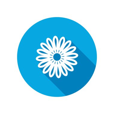 Chamomile flower icons. Floral symbol. Round white sign on blue flat button with long shadow. Vector