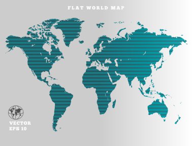 World map. Striped turquoise map silhouette on gray background. Sunrise theme design. Vector isolated