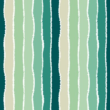 Striped seamless pattern. Vertical wide lines with torn paper effect. Shred edge band background. Turquoise, beige pastel colors. Vector