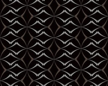 Kesintisiz geometrik soyut desen. Çapraz rhomb şeklinde örgü şekil doku. Olağandışı rhombus bantları, koyu arka plan üzerinde çizgiler. Kahverengi, siyah, gri renkler. Vektör