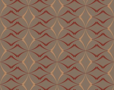 Kesintisiz geometrik soyut desen. Çapraz rhomb şeklinde örgü şekil doku. Olağandışı rhombus bantları, koyu arka plan üzerinde çizgiler. Pastel renkler kahverengi, kırmızı, bej. Vektör