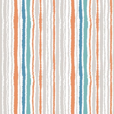 Seamless striped pattern. Vertical narrow lines. Torn paper, shred edge texture. Blue, white, orange soft colored. Vector