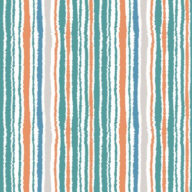 Seamless striped pattern. Vertical narrow lines. Torn paper, shred edge texture. Blue, white, orange soft colored. Vector