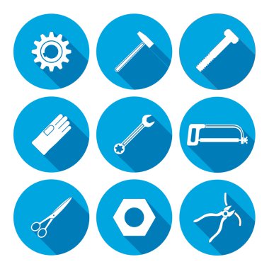 Tools icons set. Saw, pliers, tongs, wrench key, cogwheel, hammer, rubber gloves, screw bolt, nut, scissors. Repair fix symbols. White sign on round circle flat button with long shadow. Vector