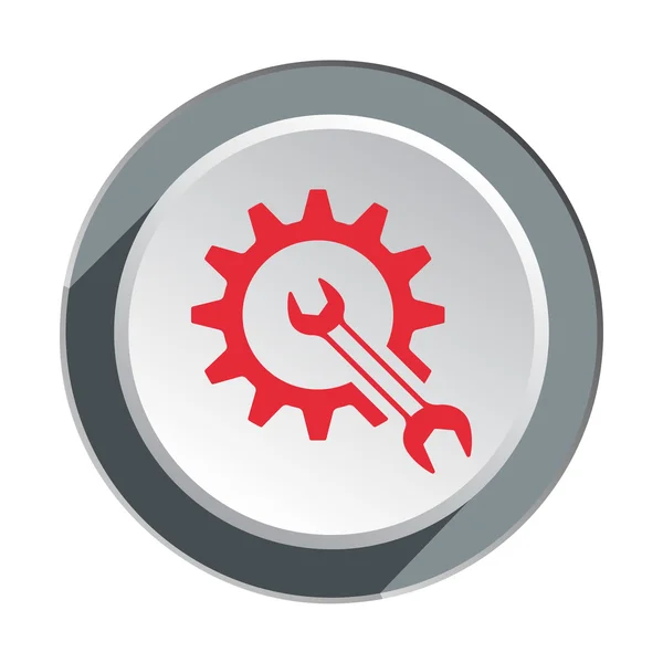 Gear, cogwheel with wrench key icon. Repair fix tool symbol. Red sign on round three-dimensional white-gray button. Vector — Stok Vektör