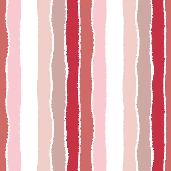 Striped seamless pattern. Vertical wide lines with torn paper effect. Shred edge band background. Red, beige, white contrast colors. Vector — ストックベクタ