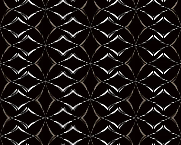 Seamless geometric abstract pattern. Diagonal rhomb shaped, braiding figure texture. Unusual rhombus bands, lines on dark background. Brown, black, gray colors. Vector — Stock Vector