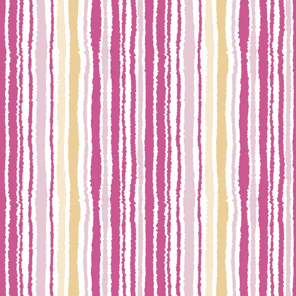 Seamless striped pattern. Vertical narrow lines. Torn paper, shred edge texture. Magenta, white, yellow contrast colored. Vector — Stock Vector